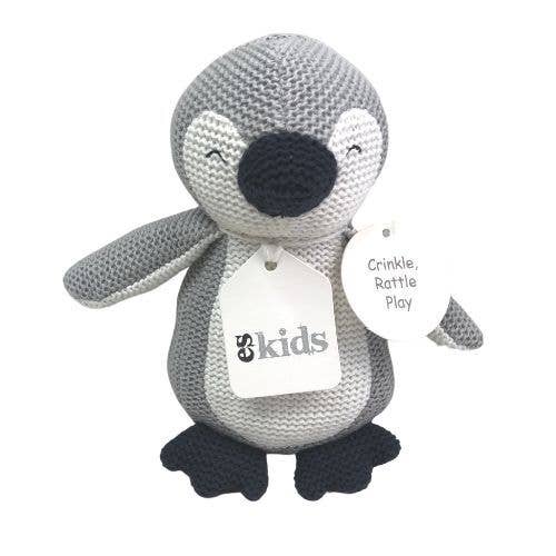 Eco Knitted Penguin Rattle/Crinkler - Grey - 16cm