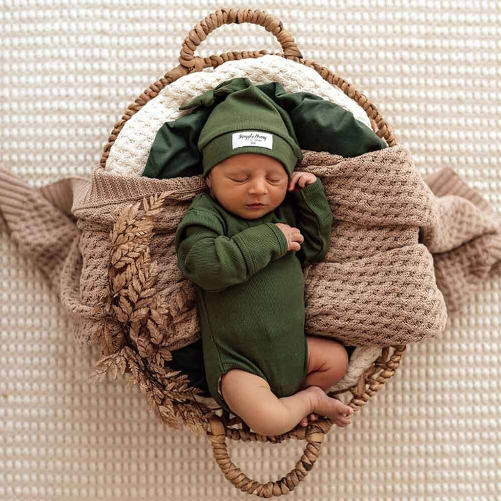 Olive Ribbed Organic Knotted Beanie