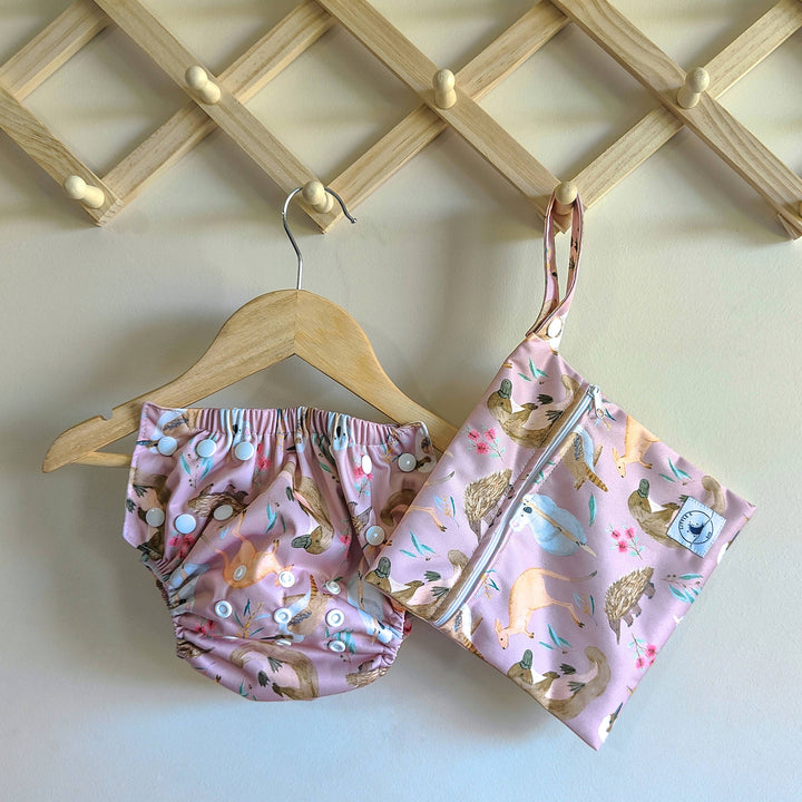 REUSABLE SWIM NAPPY & MINI WET BAG COMBO - AUS ANIMAL