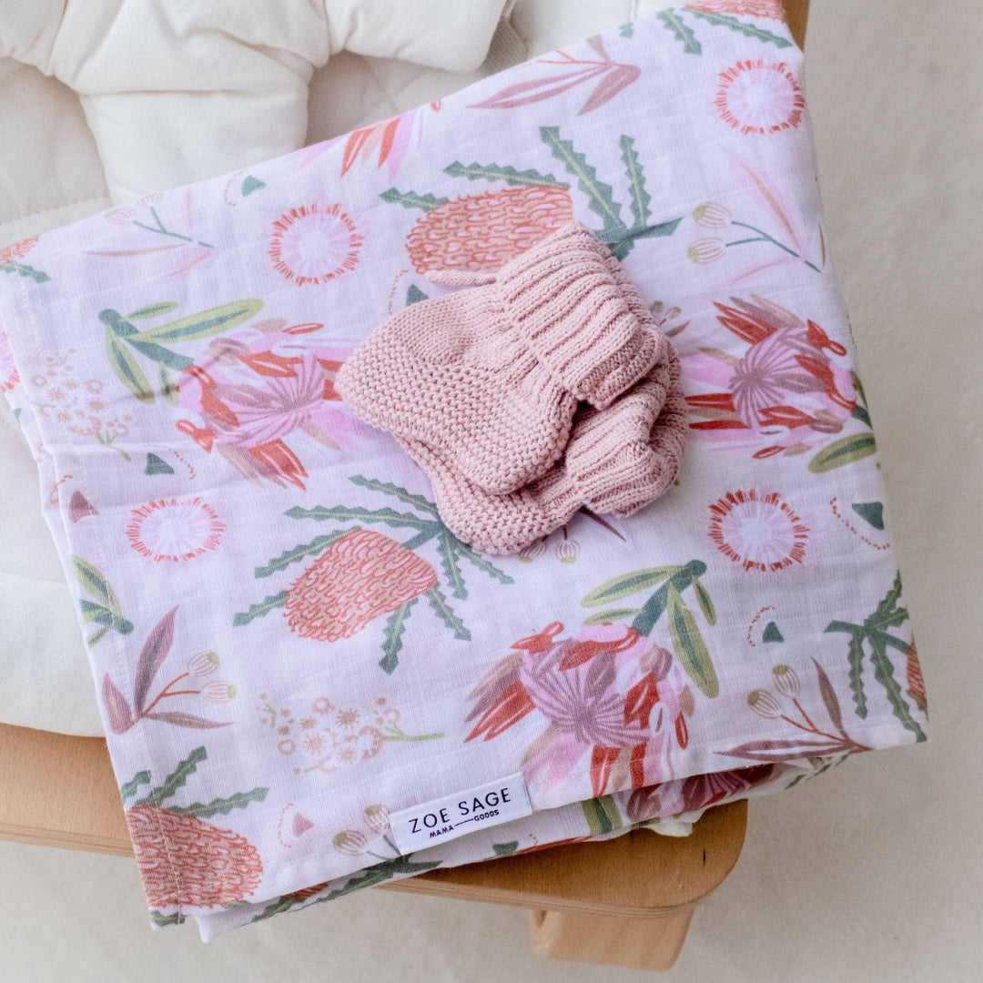 Organic Cotton Muslin Swaddle Wrap - Gumnut Blossoms