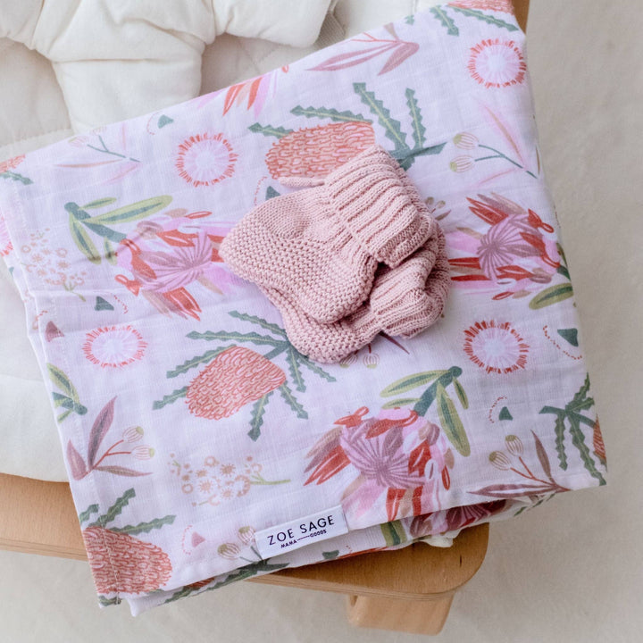 Organic Cotton Muslin Swaddle Wrap - Gumnut Blossoms