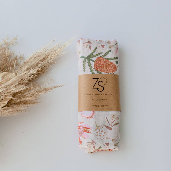 Organic Cotton Muslin Swaddle Wrap - Gumnut Blossoms