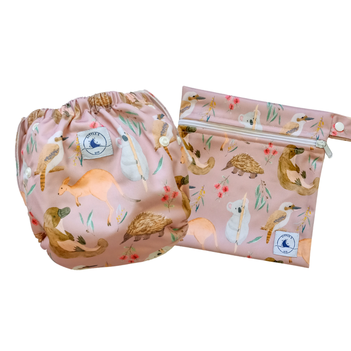 REUSABLE SWIM NAPPY & MINI WET BAG COMBO - AUS ANIMAL