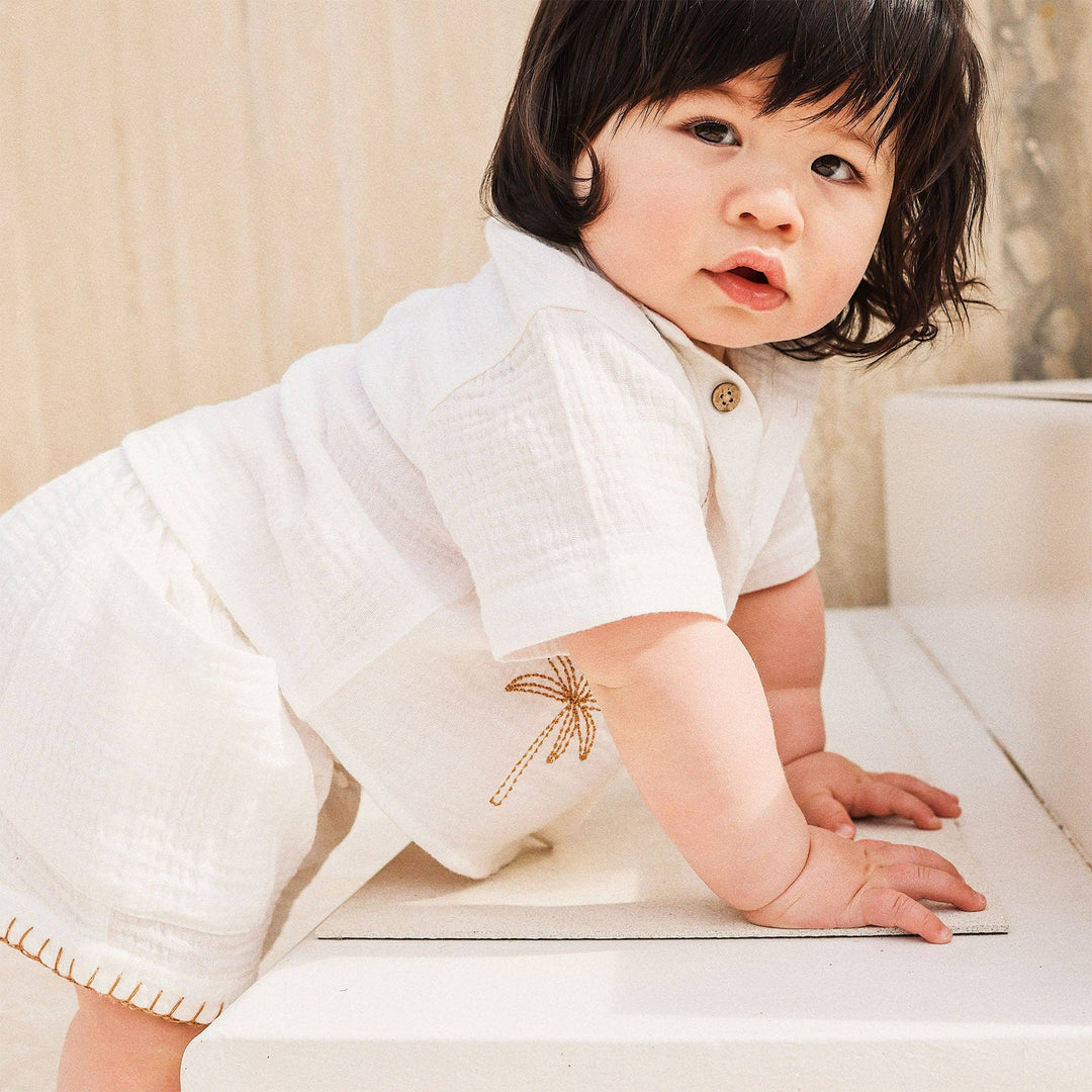 Woven Embroidered Short Sleeve Shirt - Coconut