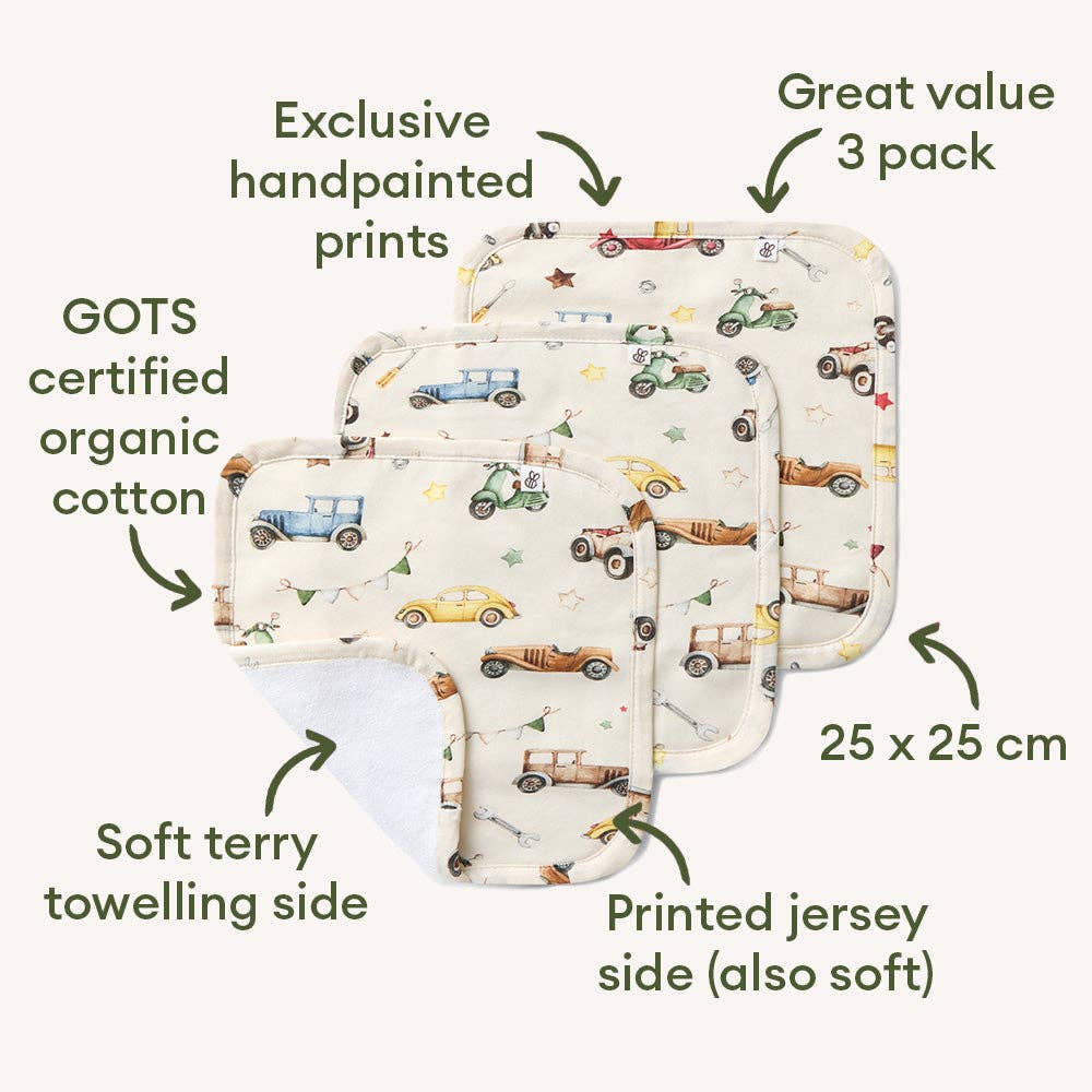 Vintage Cars Organic Wash Cloths - 3 Pack
