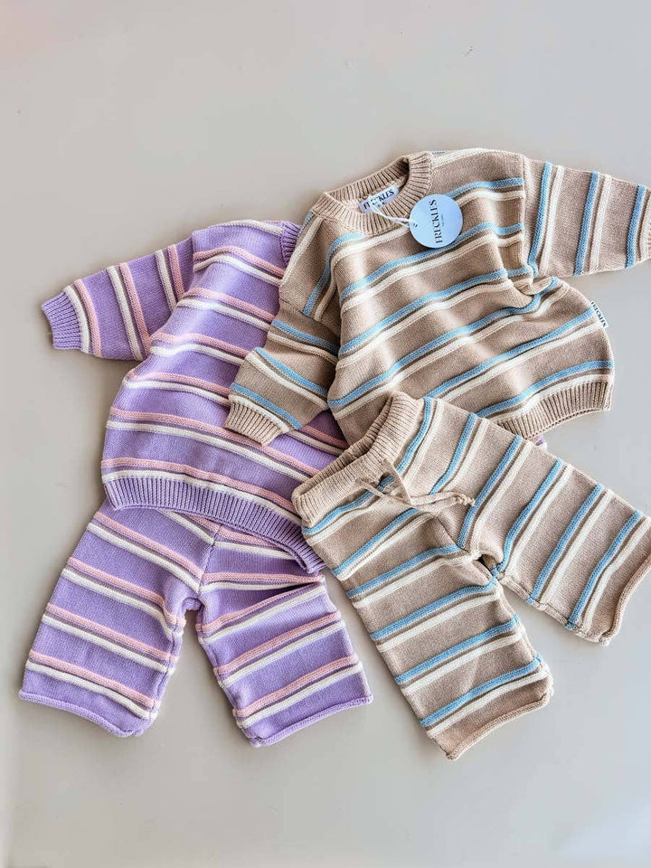 Raised Stripe Baby 2 piece Knit SET  - Oat/Arctic/Snow