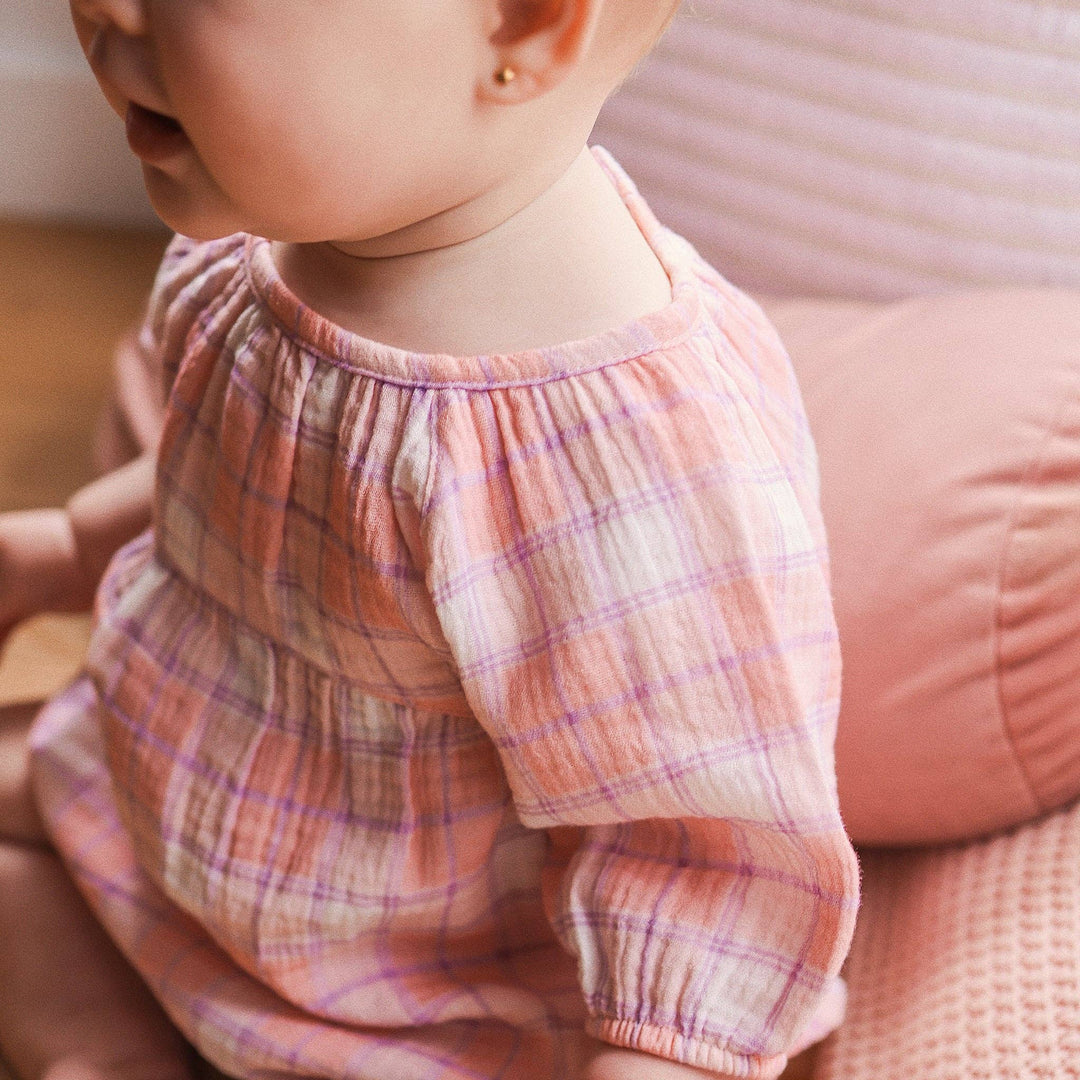 Long Sleeve Bubble Woven Romper - Check